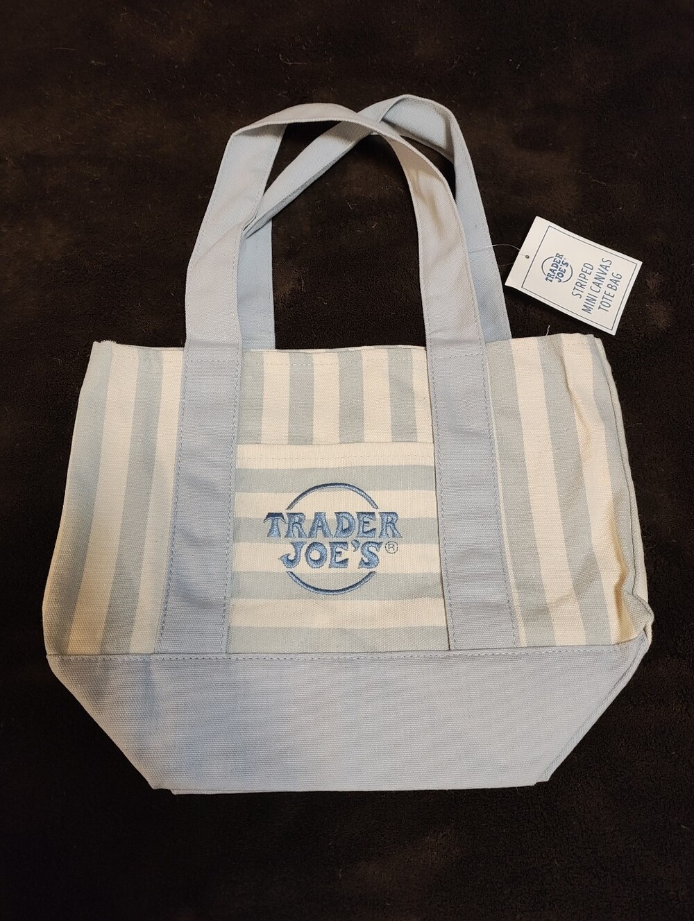 Limited Edition Trader Joe's Mini Embroidered Striped Baby-Blue Canvas Bag